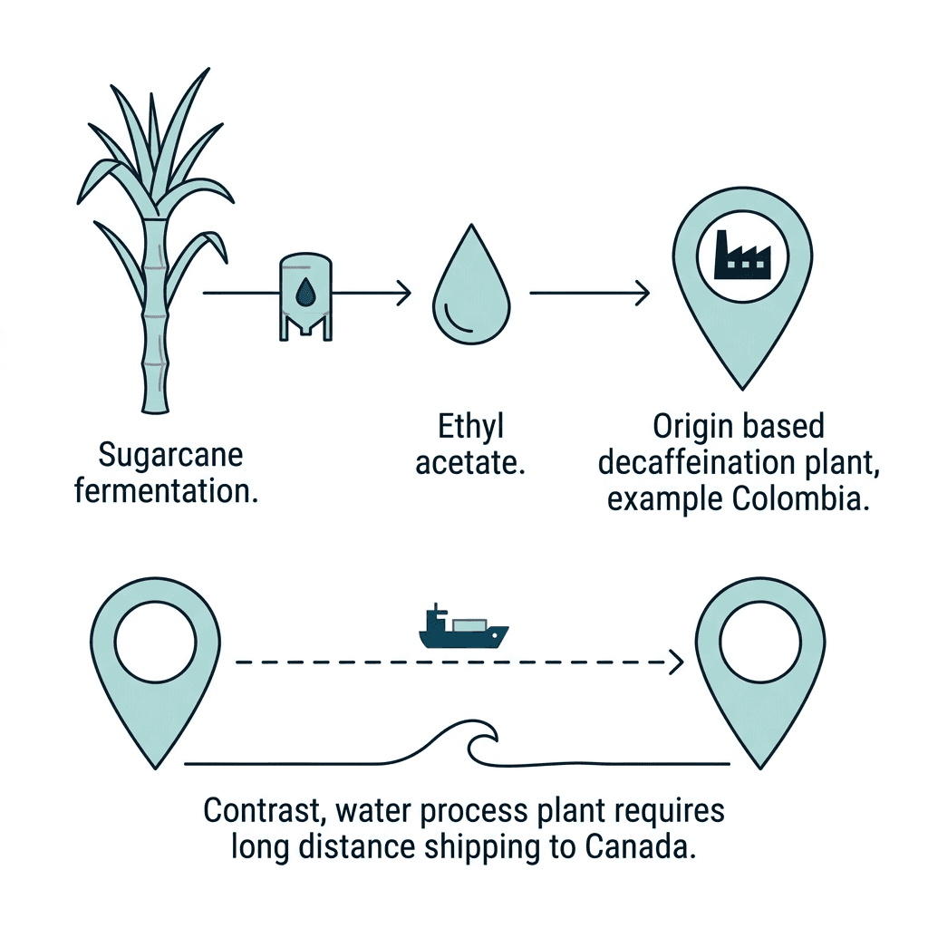 Diagram showing sugarcane fermentation producing ethyl acetate for an origin-based decaffeination plant in Colombia, contrasted with a water-process plant requiring long-distance shipping to Canada.