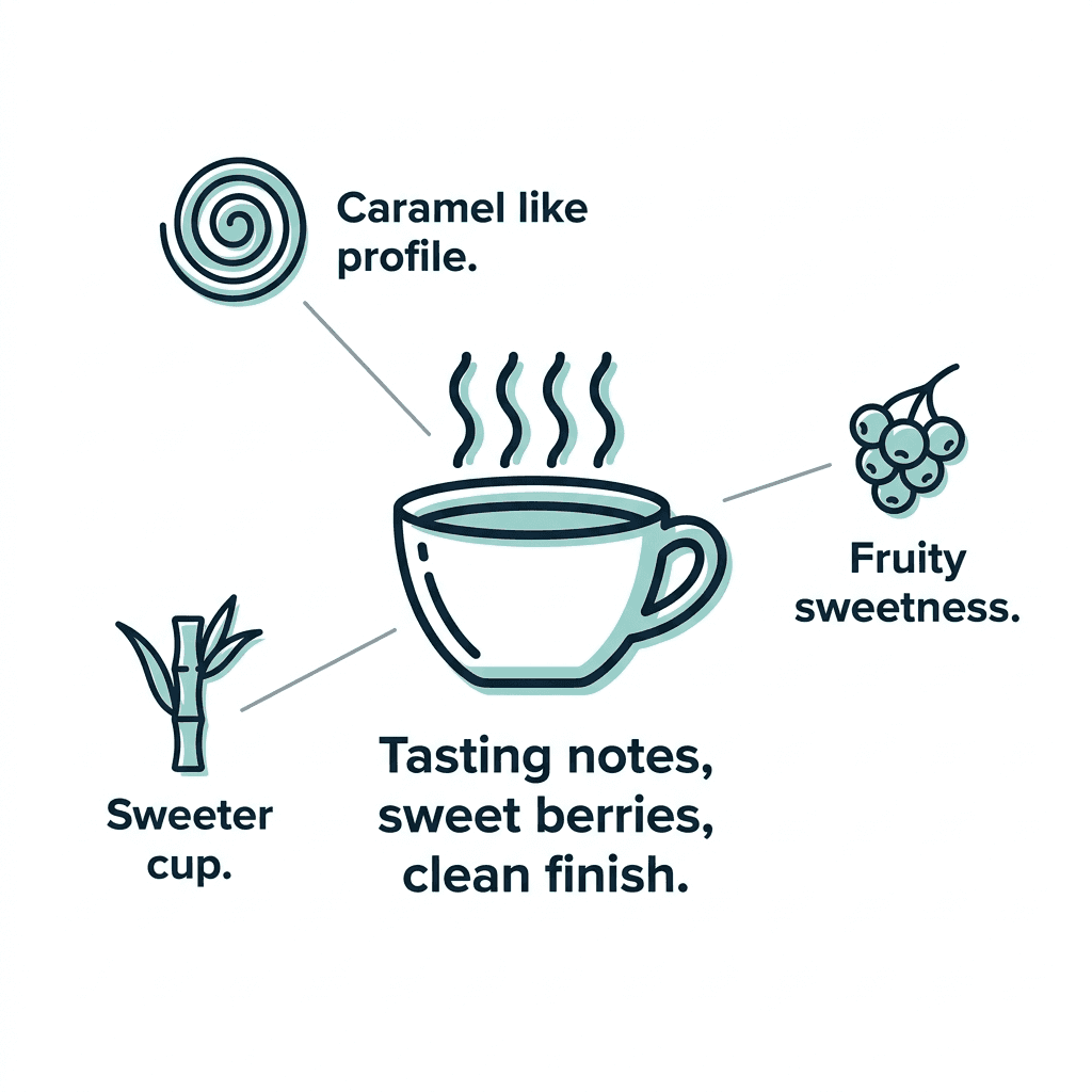 Diagram of a coffee cup connected to caramel, berry, and sugarcane icons labeled sweeter cup, caramel-like profile, fruity sweetness, and tasting notes of sweet berries with a clean finish.