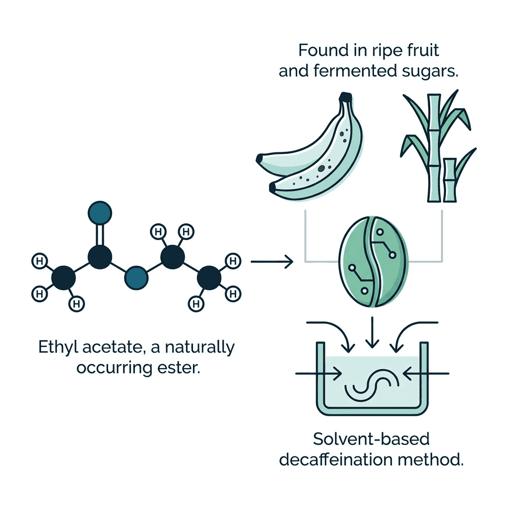 Diagram of the ethyl acetate molecule linking to a banana and sugarcane stalk labeled as natural sources, feeding into a coffee bean undergoing solvent-based decaffeination.