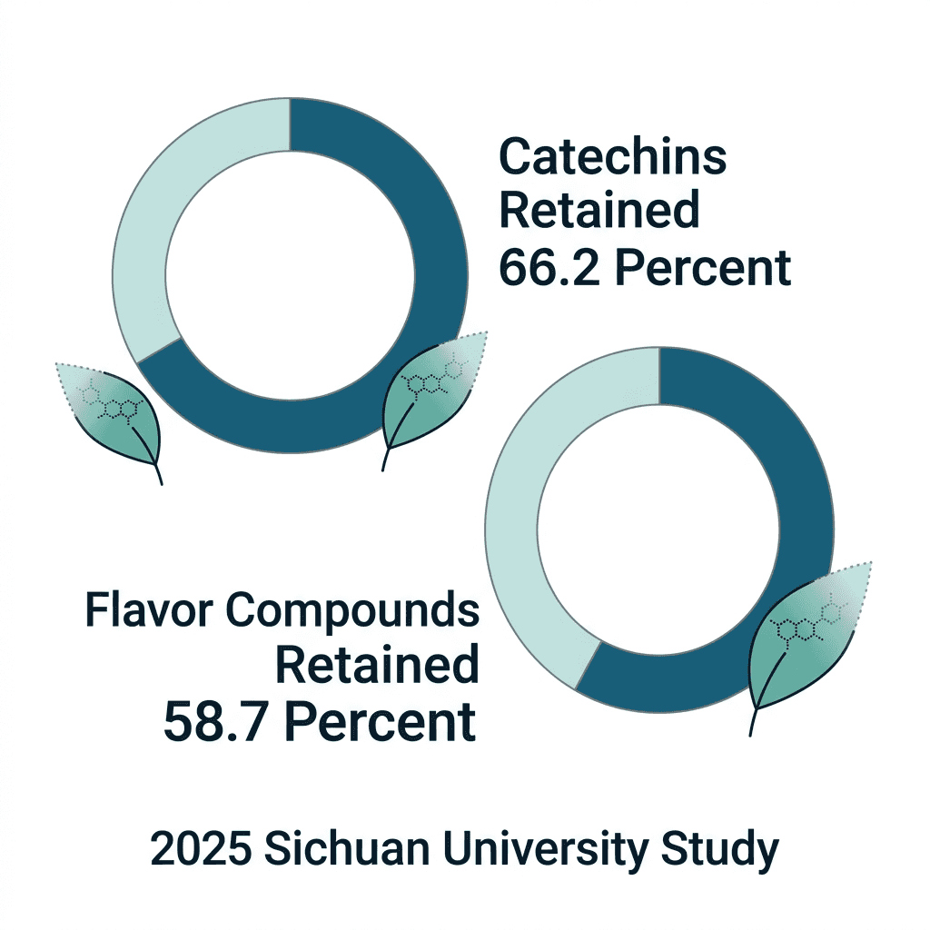 Two donut charts from a 2025 Sichuan University study showing 66.2 percent of tea catechins and 58.7 percent of flavor compounds retained after decaffeination.
