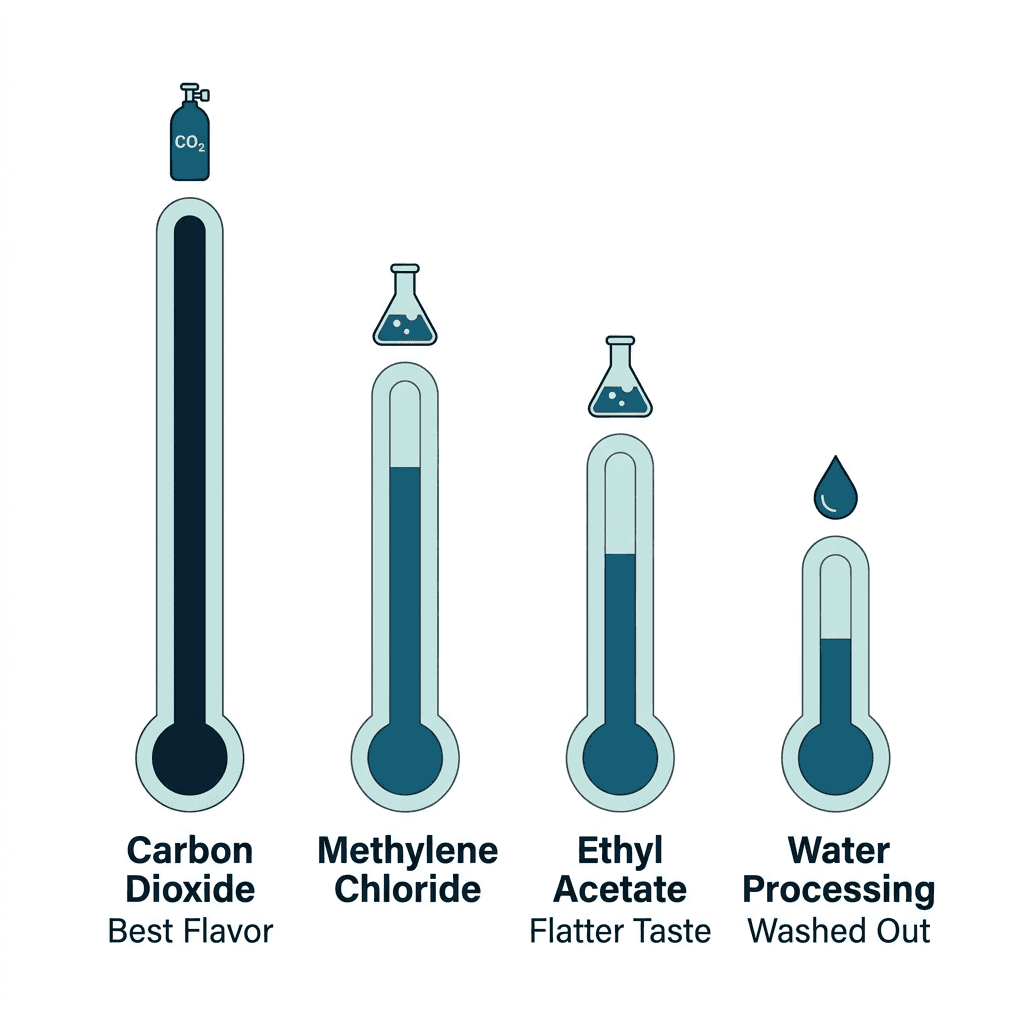 Chart ranking flavor retention by decaffeination method, from carbon dioxide (best flavor) to methylene chloride, ethyl acetate (flatter taste), and water processing (washed out).
