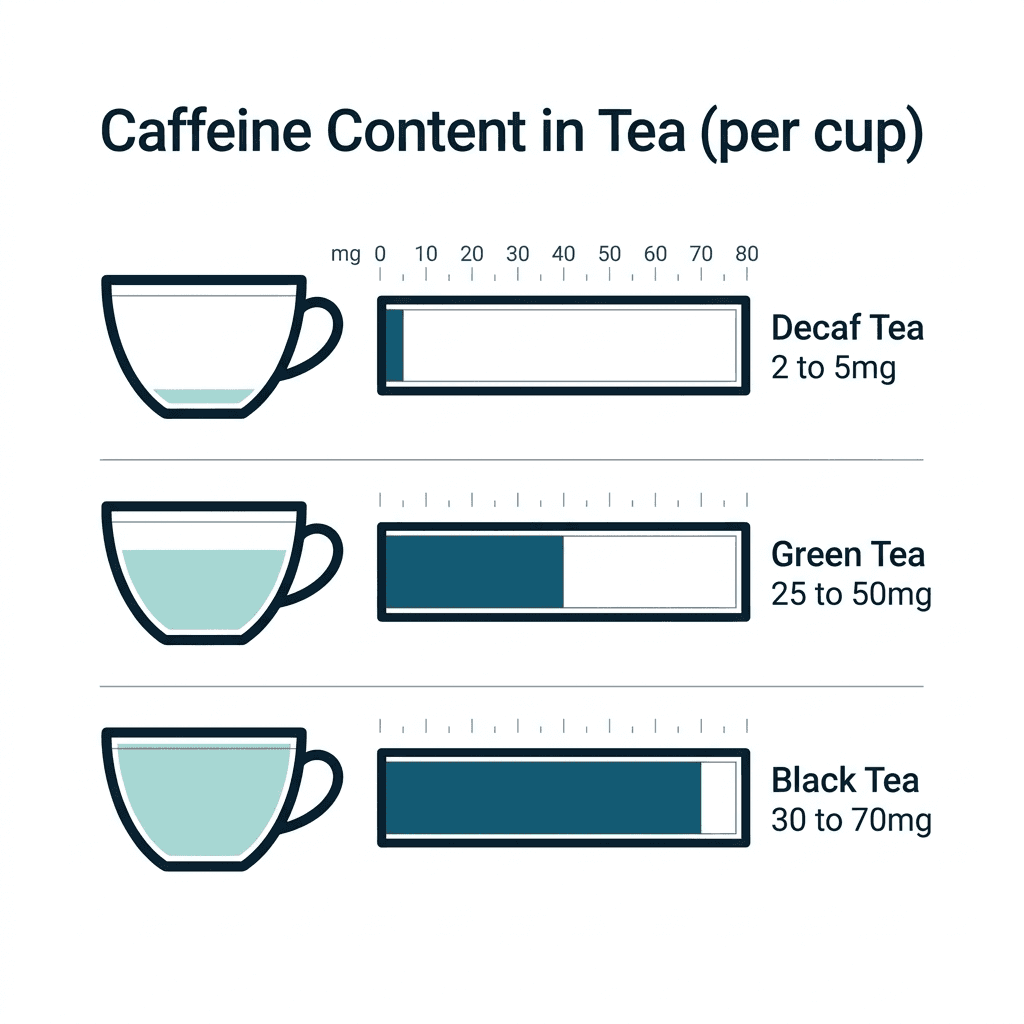 Bar chart comparing caffeine per cup: decaf tea at 2 to 5 milligrams, green tea at 25 to 50 milligrams, and black tea at 30 to 70 milligrams.