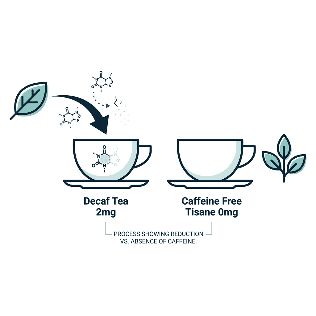 Diagram comparing decaf tea, which carries about 2 milligrams of residual caffeine, against a naturally caffeine-free herbal tisane, which carries 0 milligrams.