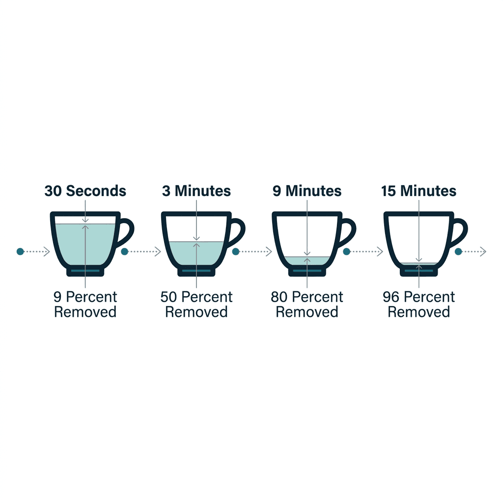 Timeline of a home tea steep showing caffeine removed at each interval: 9 percent at 30 seconds, 50 percent at 3 minutes, 80 percent at 9 minutes, and 96 percent at 15 minutes.