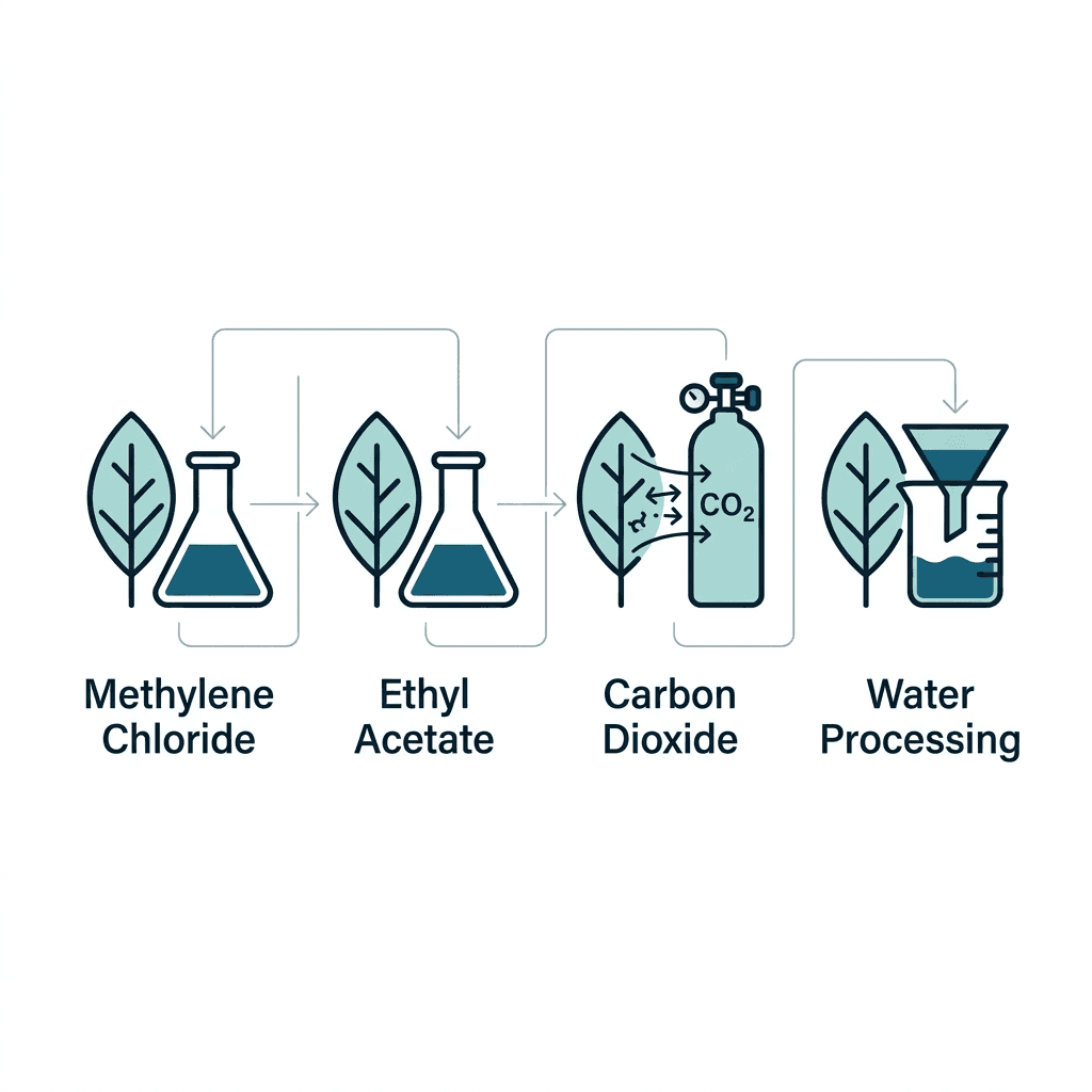 Diagram of the four tea decaffeination methods: methylene chloride, ethyl acetate, carbon dioxide, and water processing, each shown as a tea leaf paired with its own extraction vessel.