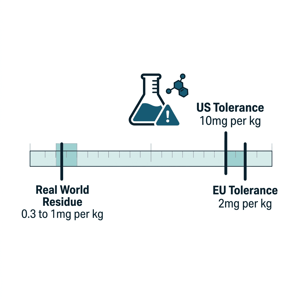 Scale diagram showing real-world ethyl acetate residue of 0.3 to 1 milligram per kilogram against a US tolerance of 10 milligrams per kilogram and an EU tolerance of 2 milligrams per kilogram.