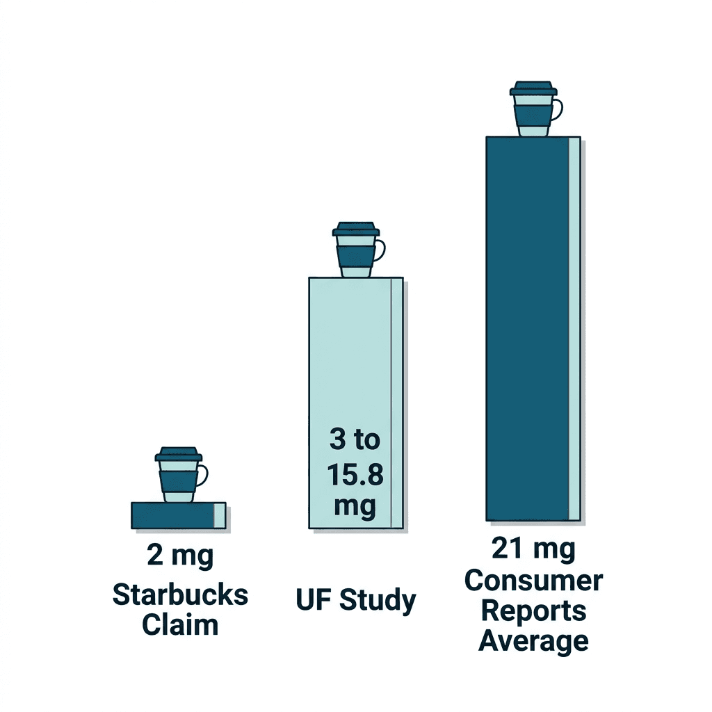 Bar chart comparing Starbucks decaf caffeine figures: a 2 mg Starbucks claim, a 3 to 15.8 mg University of Florida study range, and a 21 mg Consumer Reports average.