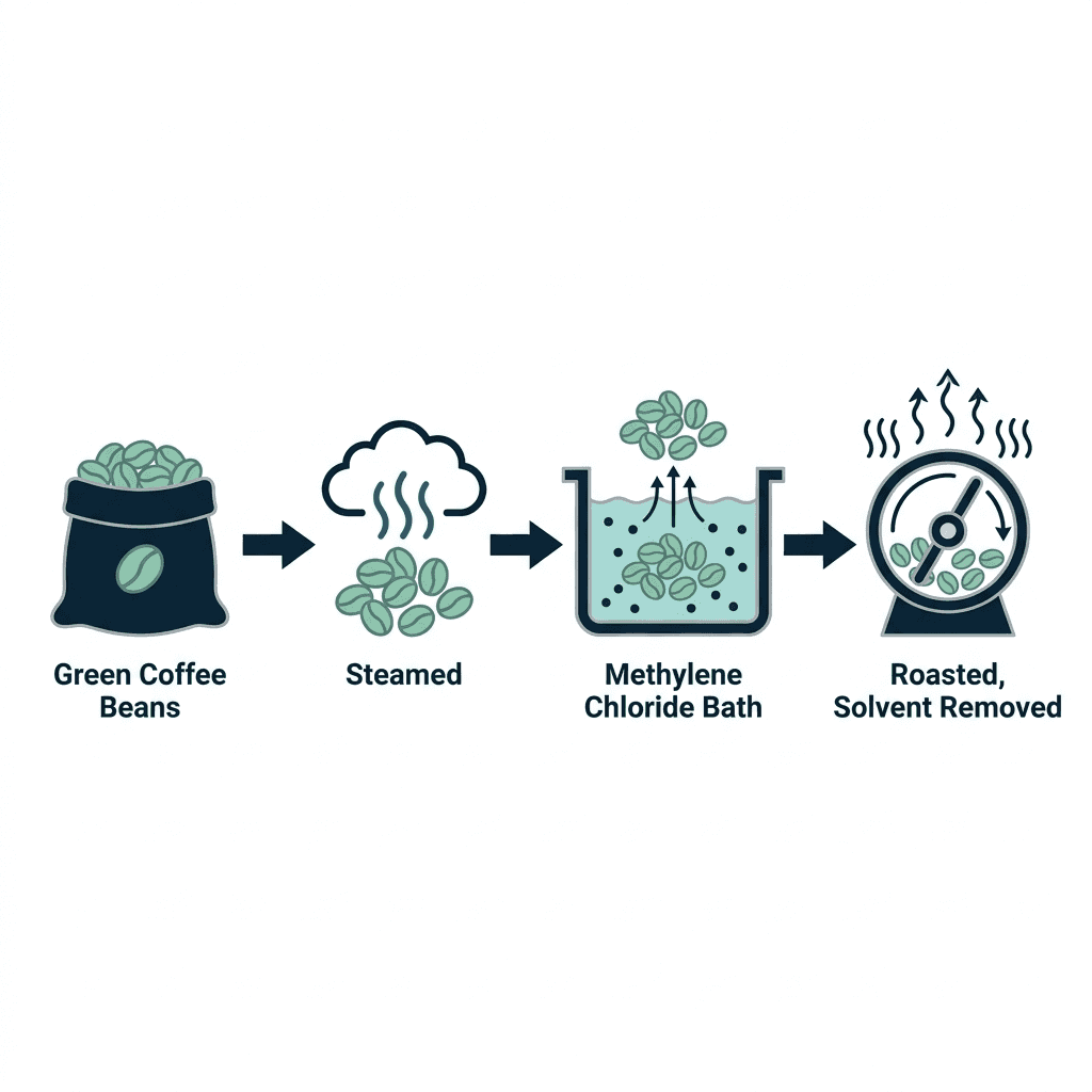 Diagram showing green coffee beans steamed, bathed in methylene chloride to draw out caffeine, then roasted so the solvent evaporates.