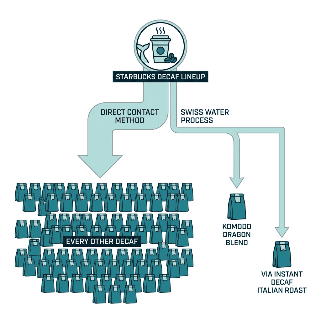 Diagram showing the Starbucks decaf lineup split into a wide Direct Contact Method branch and a narrow Swiss Water Process branch covering only the Komodo Dragon Blend and VIA Instant Decaf Italian Roast.