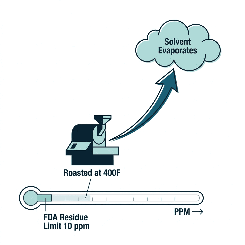 Diagram showing the FDA's 10 ppm methylene chloride residue limit on a scale, with the solvent evaporating off during roasting at over 400 degrees Fahrenheit.