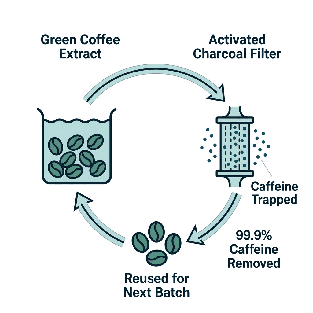 Diagram showing green coffee beans soaking in a water extract, passing through an activated charcoal filter that traps caffeine for 99.9% removal, then the extract being reused for the next batch.
