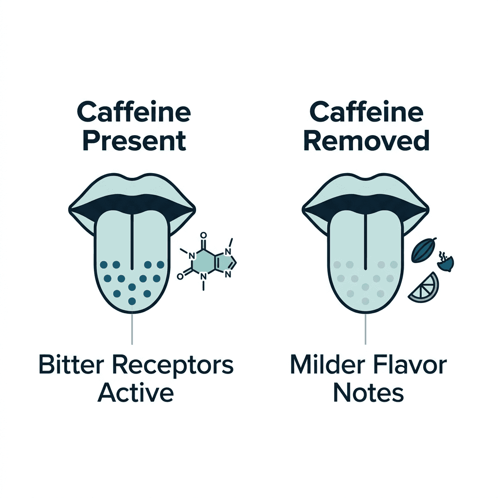 Before-and-after diagram showing a tongue's bitter taste receptors active when caffeine is present, and milder flavor notes coming through once caffeine is removed.