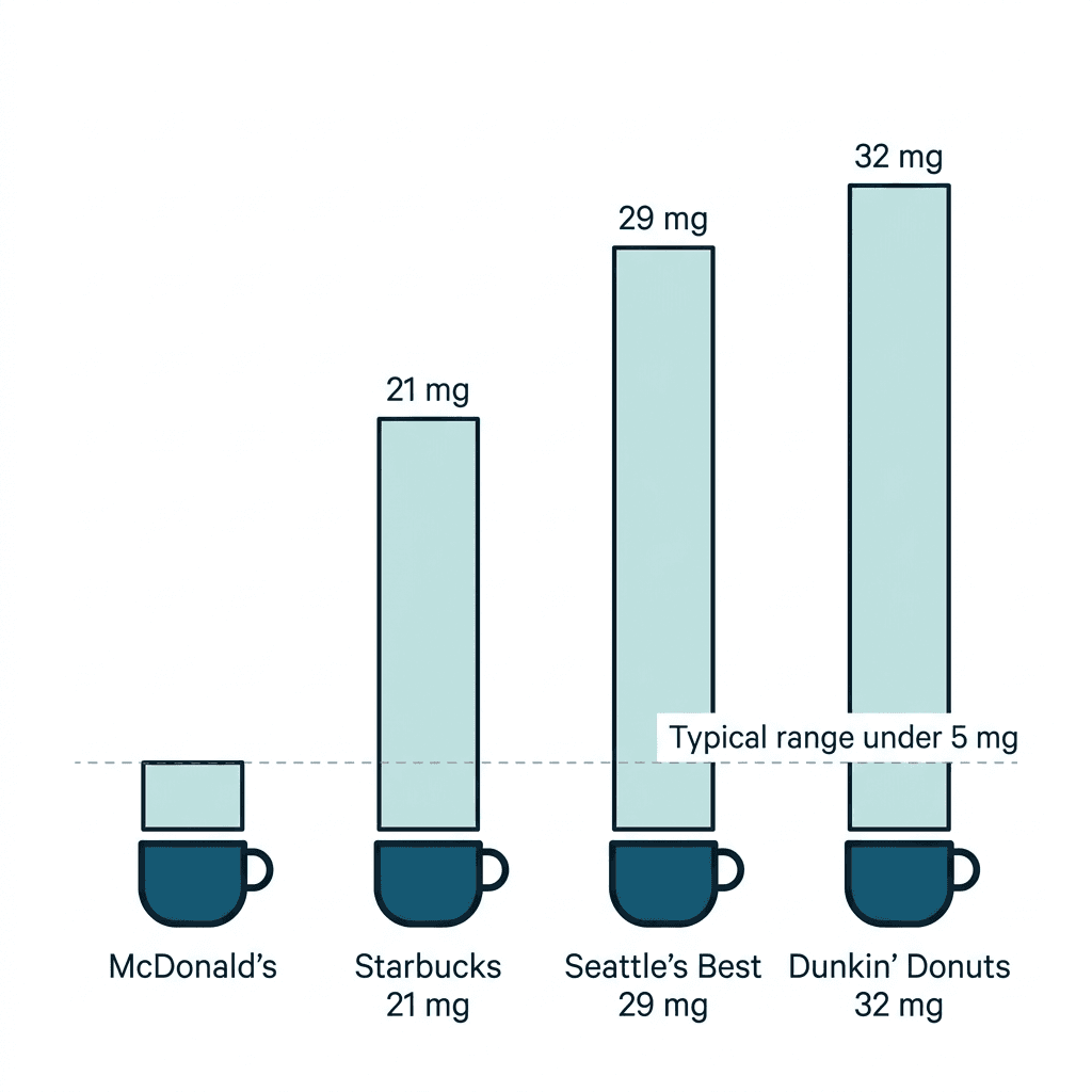 Bar chart comparing decaf caffeine content across brands: McDonald's lowest, Starbucks 21 milligrams, Seattle's Best 29 milligrams, and Dunkin' Donuts 32 milligrams, against a typical range under 5 milligrams.
