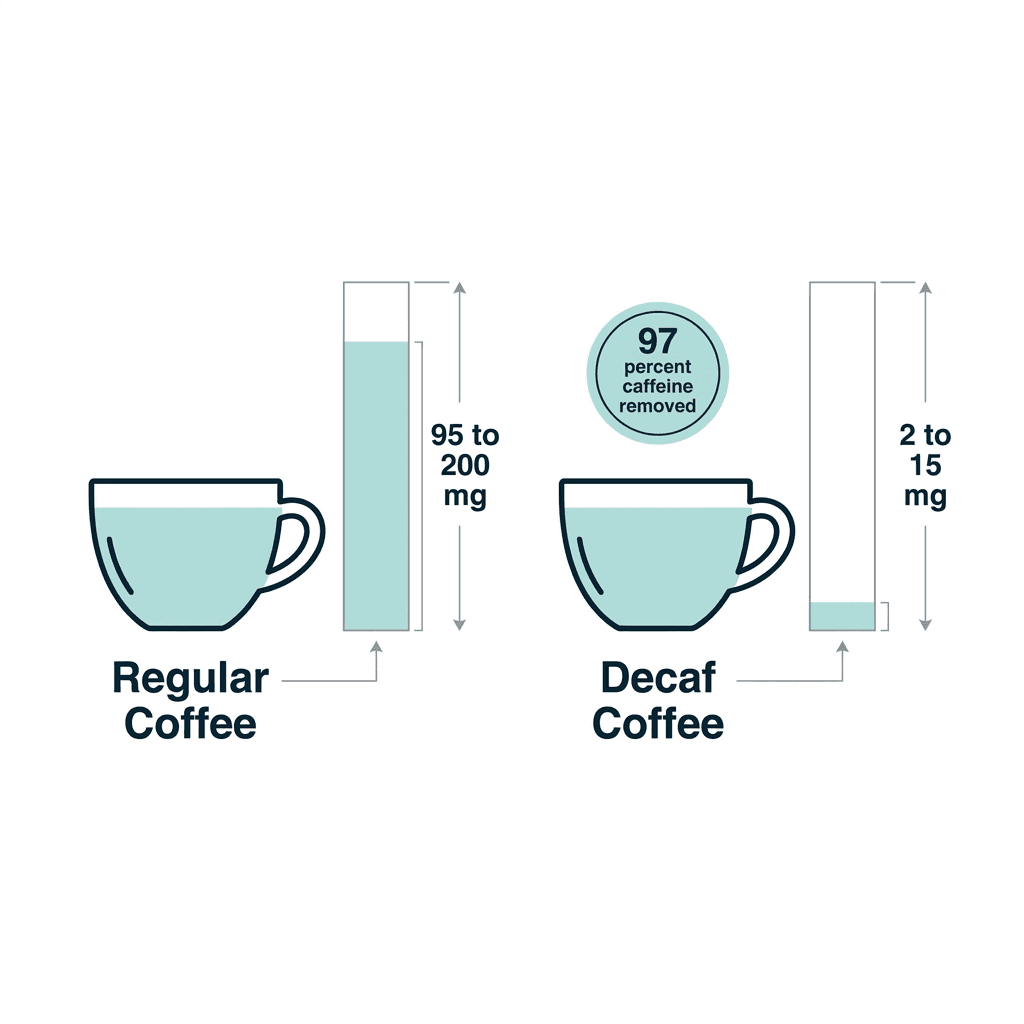 Diagram comparing a regular coffee cup holding 95 to 200 milligrams of caffeine against a decaf coffee cup holding 2 to 15 milligrams, with a badge noting 97 percent caffeine removed.