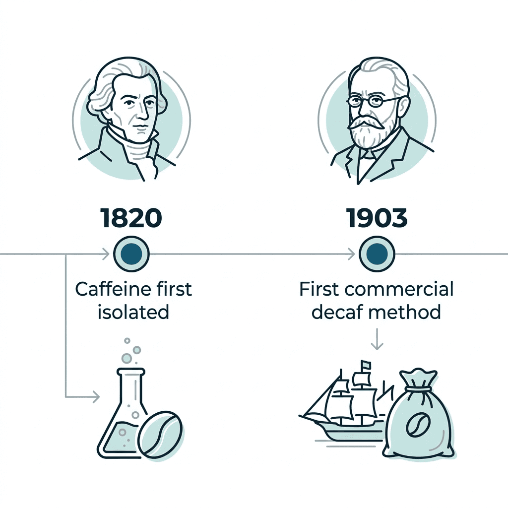 Timeline showing 1820, when caffeine was first isolated, and 1903, when the first commercial decaf method was invented.