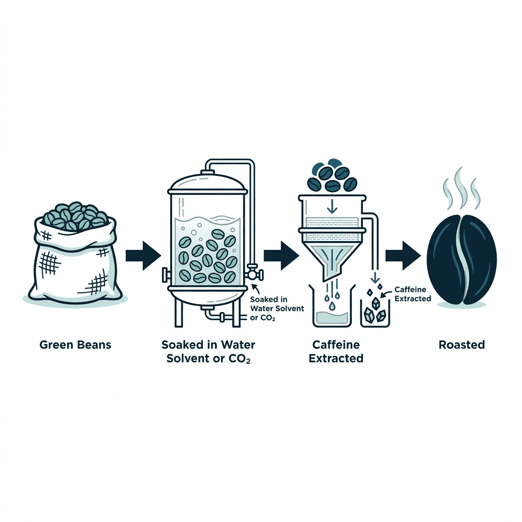 Process flow diagram showing green coffee beans, then beans soaked in water, solvent, or CO2, then caffeine extracted, then a roasted coffee bean.