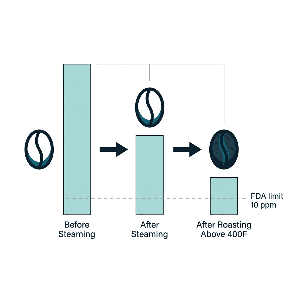 Diagram showing solvent residue shrinking across three stages, before steaming, after steaming, and after roasting above 400 degrees Fahrenheit, against the FDA limit of 10 parts per million.