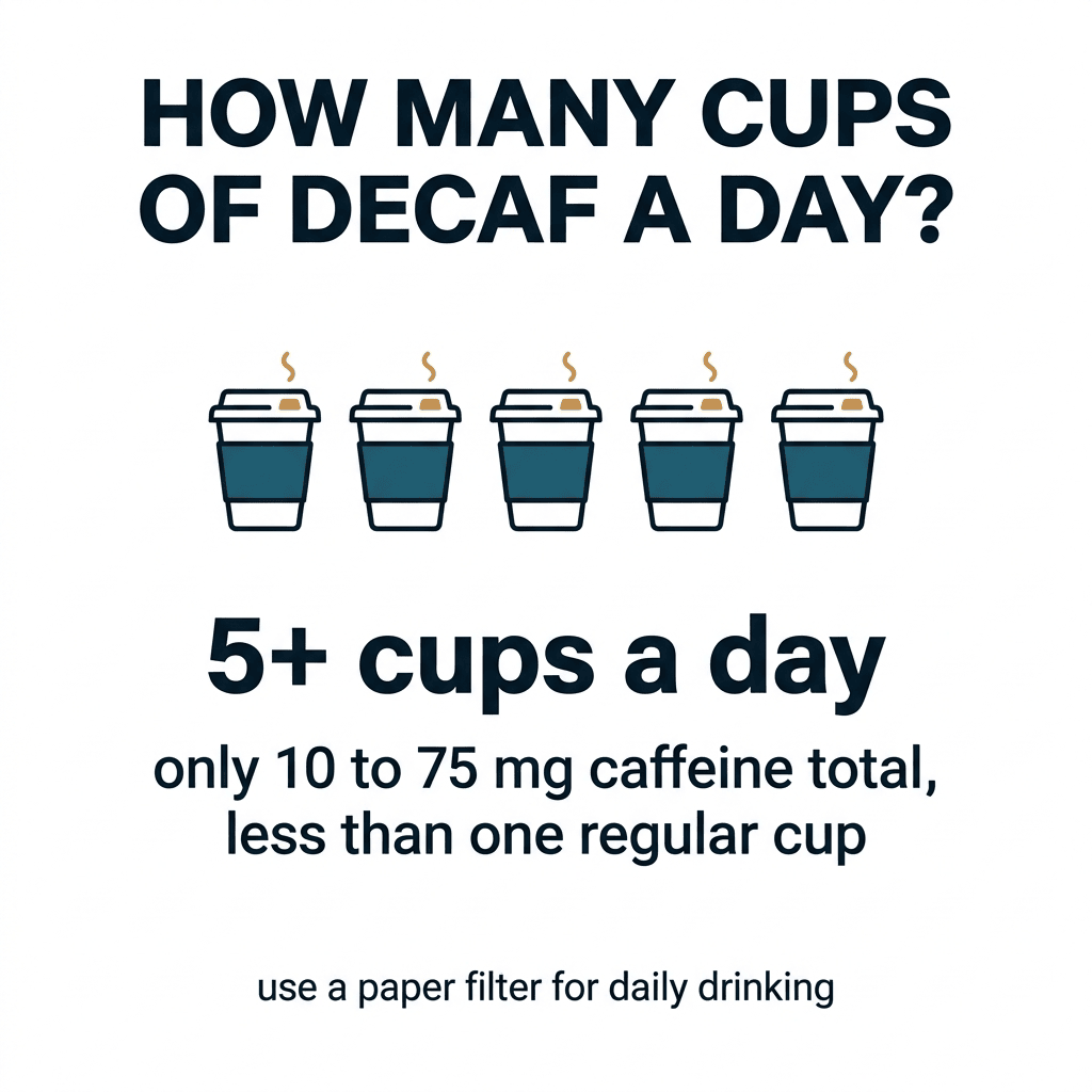 How many cups of decaf coffee a day infographic: a row of five decaf coffee cups, showing you can drink 5 or more cups a day for the antioxidant benefits at only 10 to 75 mg of caffeine total, less than one regular coffee, using a paper filter for daily drinking.