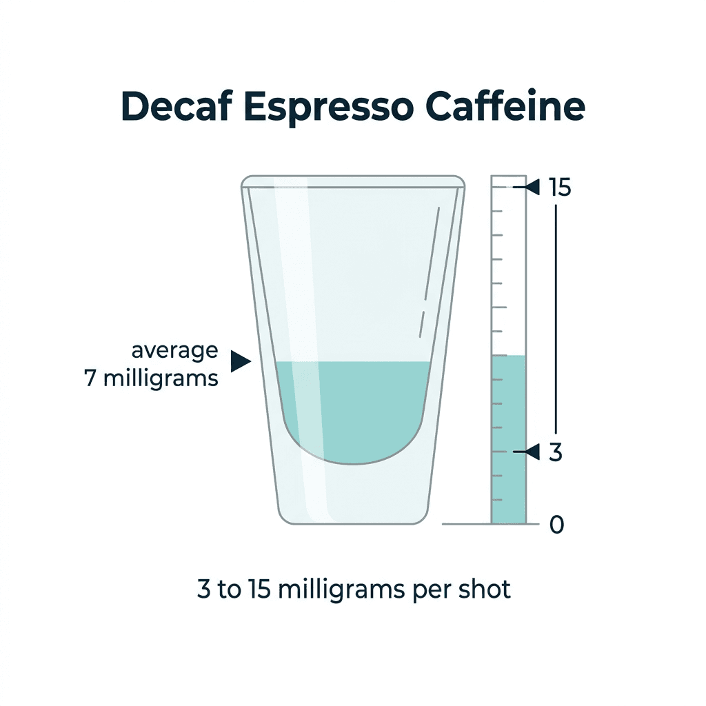 An espresso shot glass beside a vertical gauge from 0 to 15 milligrams, showing decaf espresso's range of 3 to 15 milligrams of caffeine per shot with an average of 7 milligrams.
