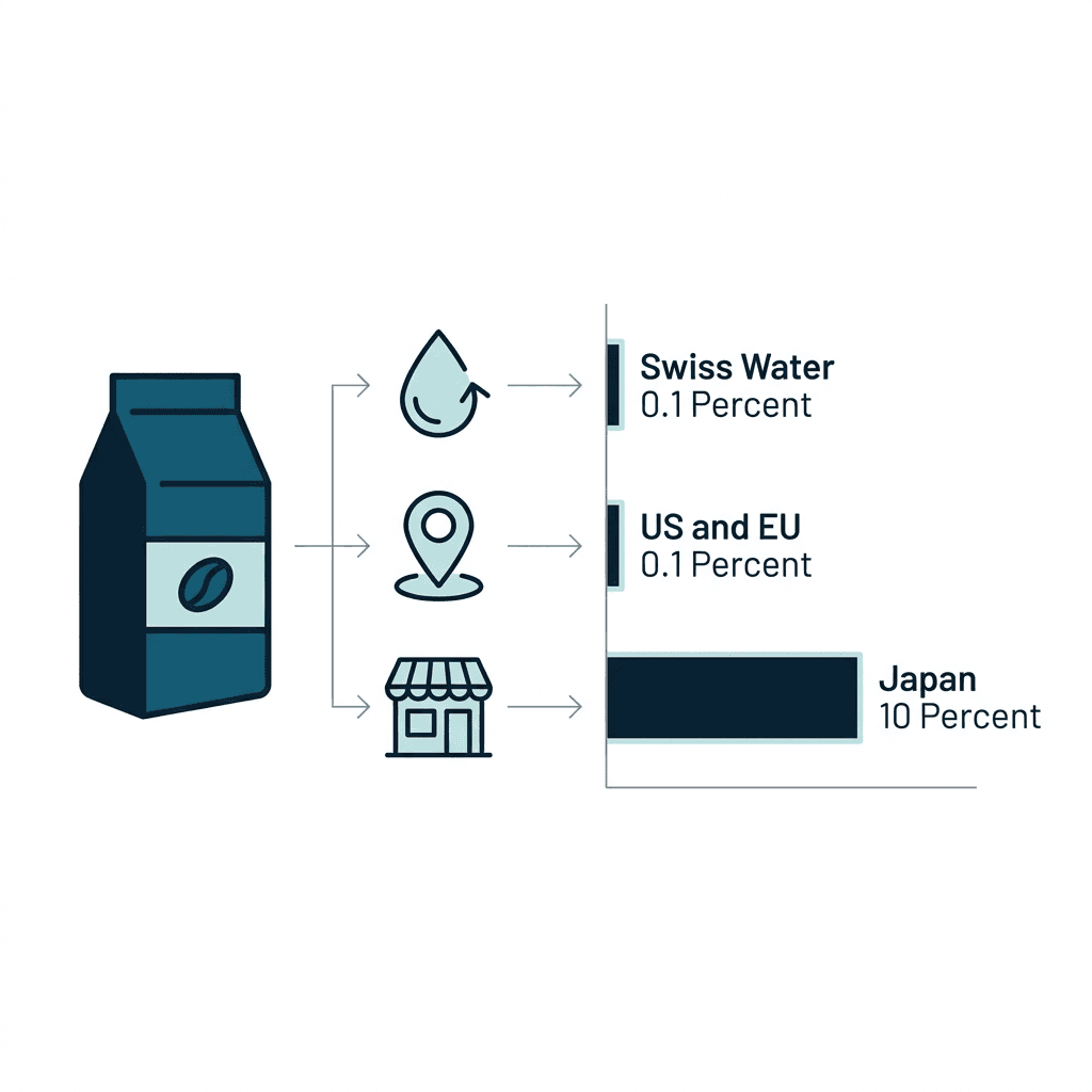 A coffee bag connected to icons for decaffeination method, country, and brand, each feeding a bar chart showing Swiss Water Process at 0.1 percent residual caffeine, US and EU rules at 0.1 percent, and Japan's standard at 10 percent.