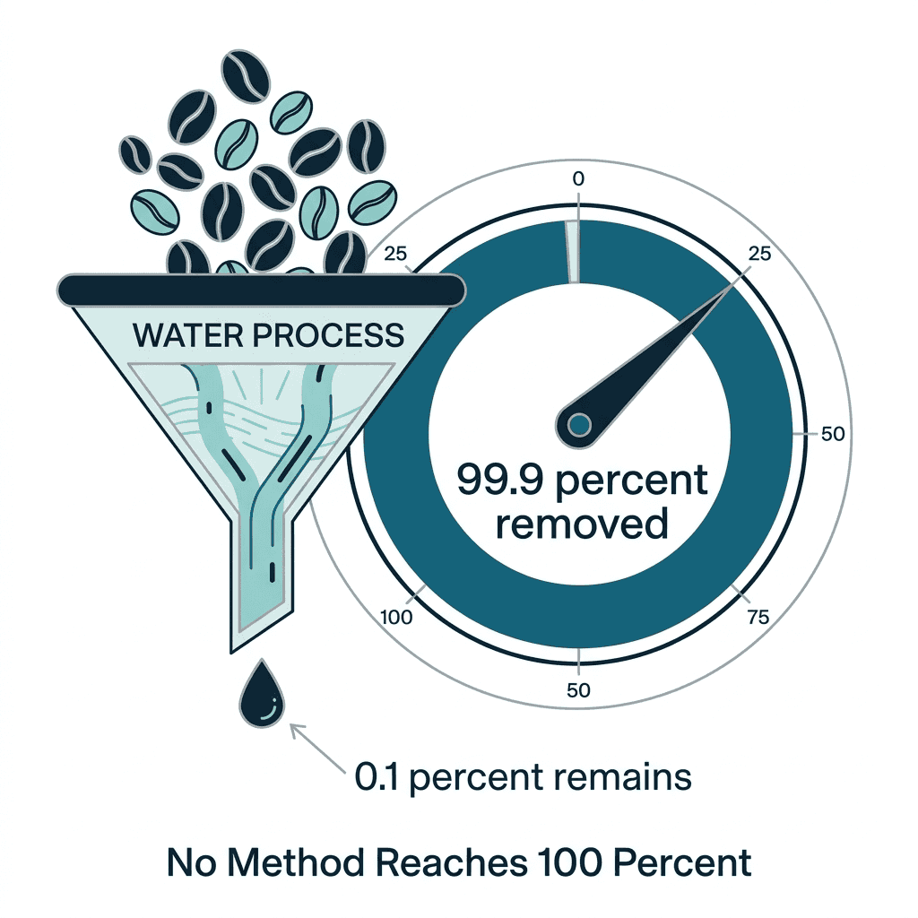 Coffee beans flowing through a water process funnel into a gauge showing 99.9 percent of caffeine removed, with 0.1 percent remaining as a trace droplet, labeled no method reaches 100 percent.