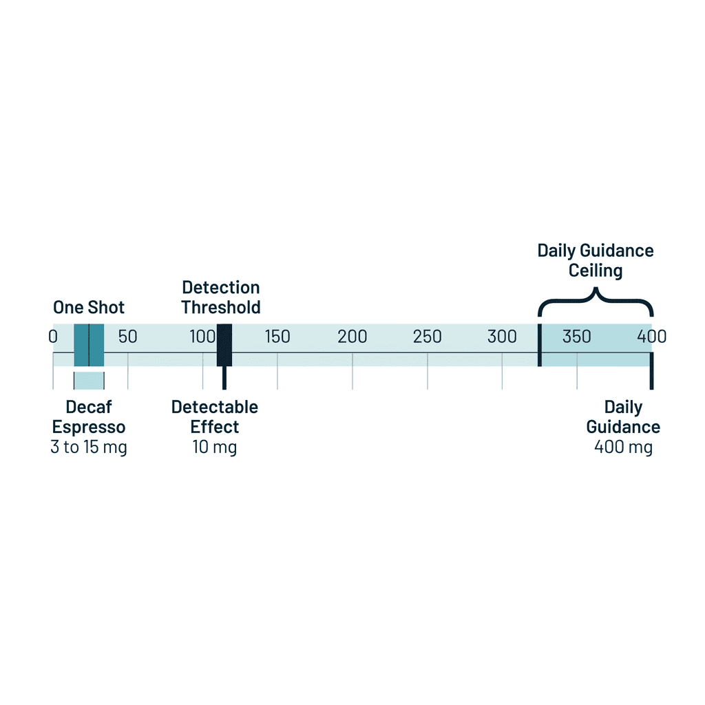 A horizontal scale from 0 to 400 milligrams marking decaf espresso's 3 to 15 milligrams near one end, a 10 milligram detectable-effect threshold, and the 400 milligram daily guidance limit far to the right.