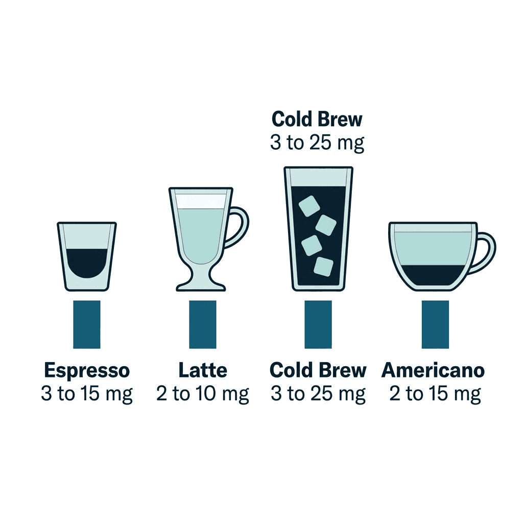 Four decaf drink icons on a bar chart comparing caffeine: espresso 3 to 15 milligrams, latte 2 to 10 milligrams, cold brew 3 to 25 milligrams, and Americano 2 to 15 milligrams.