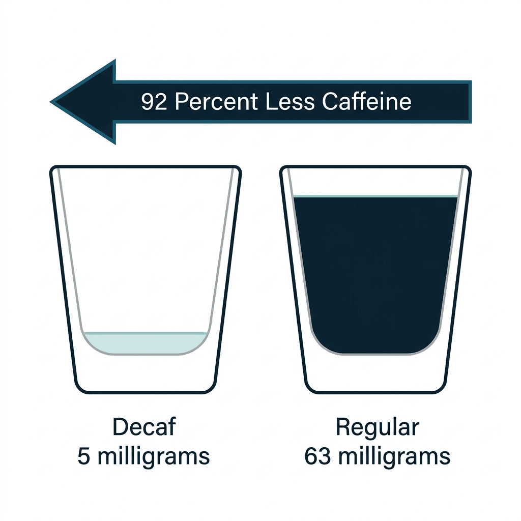 Two espresso shot glasses compared side by side, decaf at 5 milligrams nearly empty versus regular at 63 milligrams nearly full, labeled 92 percent less caffeine.