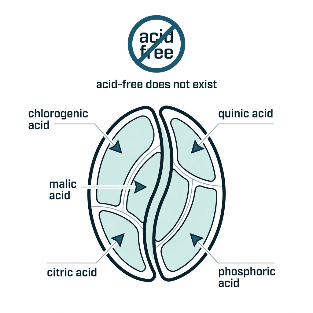 A cross-section of a coffee bean labeled with its five natural acids, chlorogenic, malic, citric, quinic, and phosphoric acid, under a symbol reading acid-free does not exist.