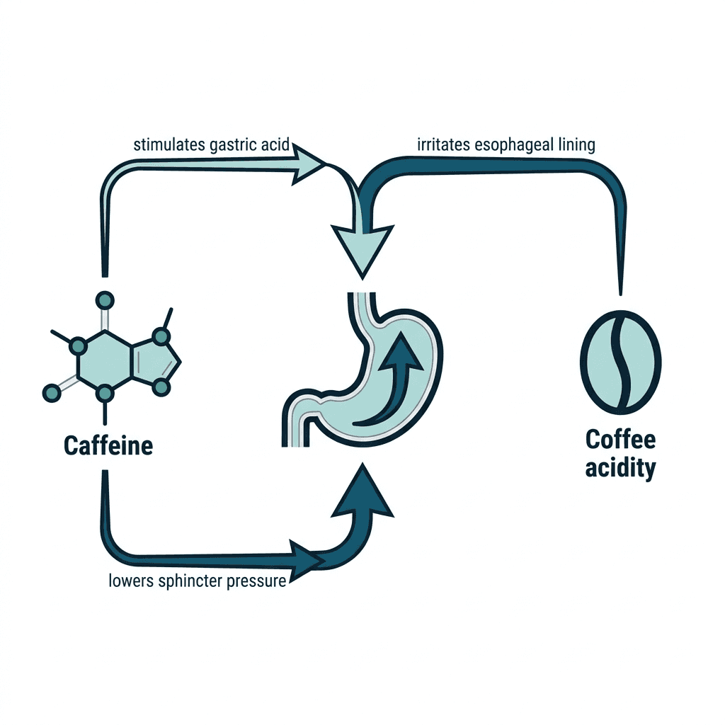 Two paths converging on the stomach: caffeine stimulating gastric acid and lowering sphincter pressure, and coffee acidity directly irritating the esophageal lining.