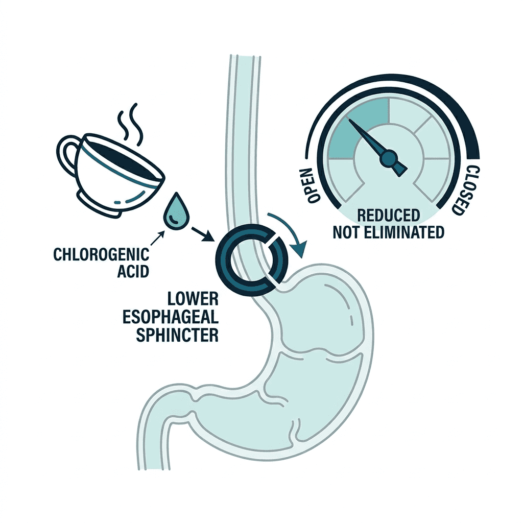 A diagram of the lower esophageal sphincter with chlorogenic acid from coffee triggering partial relaxation, shown on a gauge reading reduced, not eliminated.