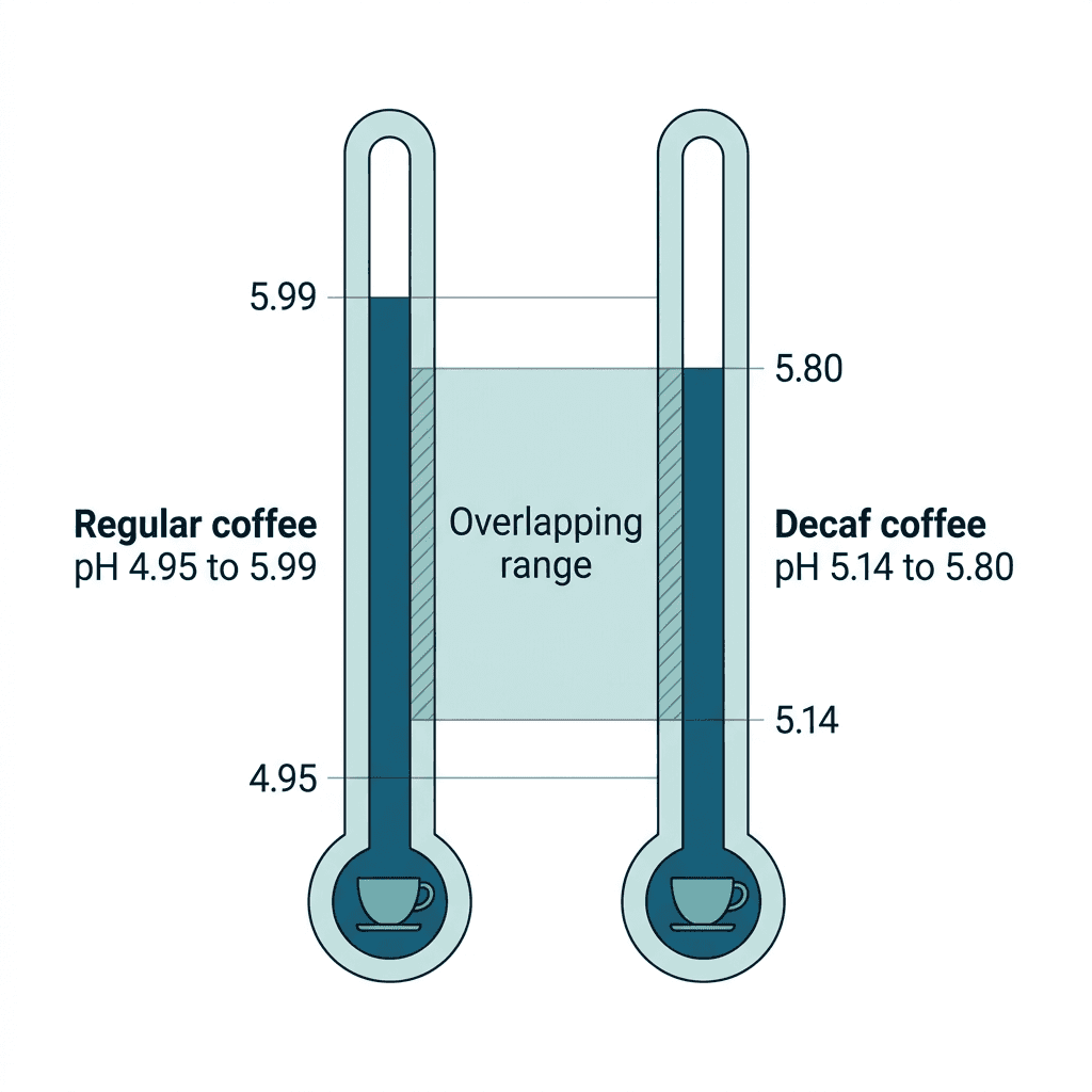Two pH thermometers compared: regular coffee ranging pH 4.95 to 5.99 and decaf coffee ranging pH 5.14 to 5.80, with a shaded overlapping range between them.