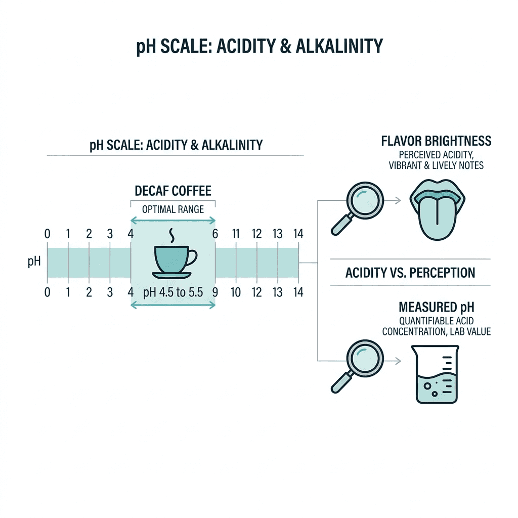 A pH scale from 0 to 14 highlighting decaf coffee's 4.5 to 5.5 range, next to two lenses labeled flavor brightness and measured pH showing these are two different things.