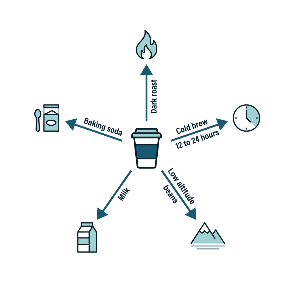 A coffee cup with five labeled levers radiating outward: dark roast, cold brew for 12 to 24 hours, low altitude beans, milk, and baking soda.