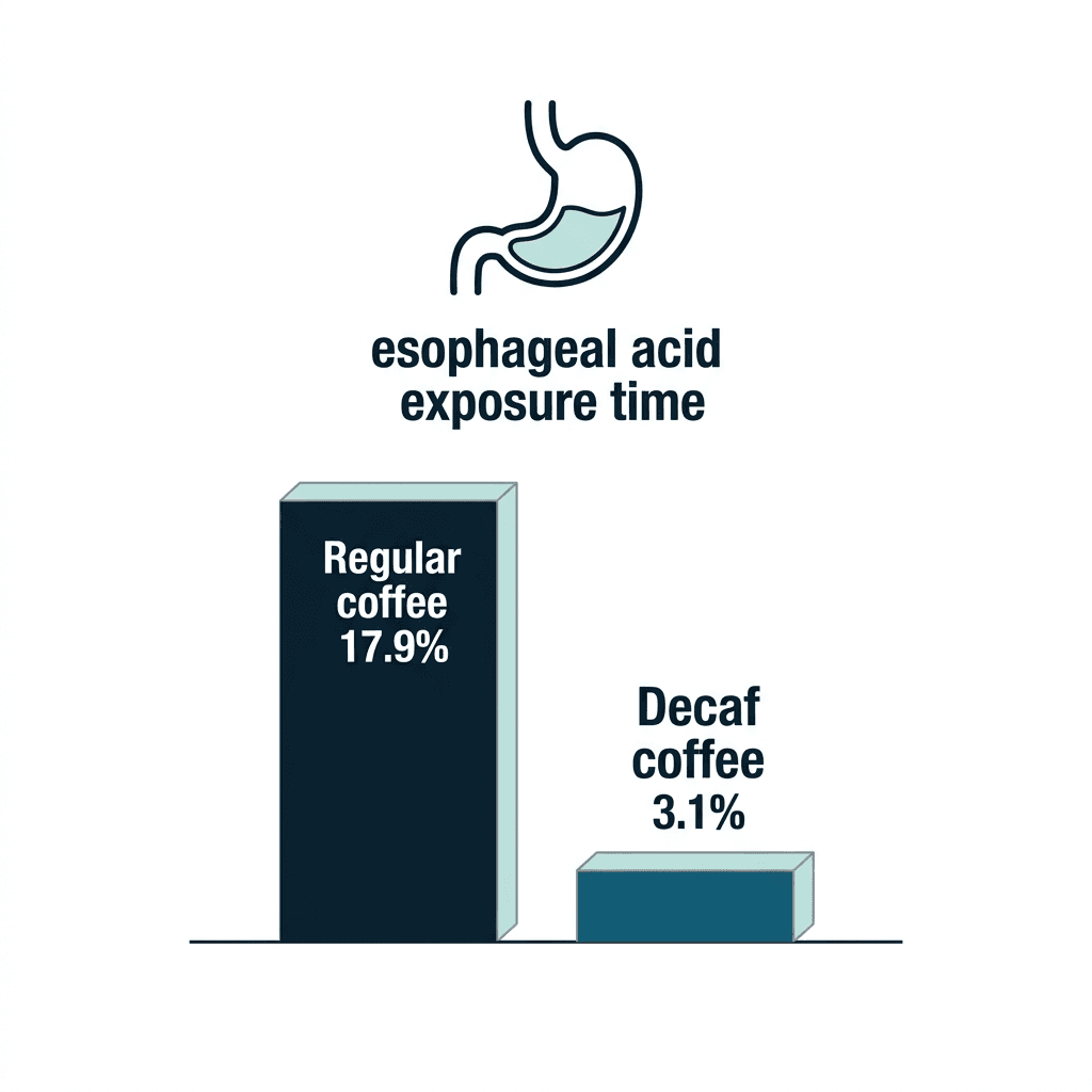 A bar chart of esophageal acid exposure time in reflux patients: 17.9 percent after regular coffee versus 3.1 percent after decaf coffee.