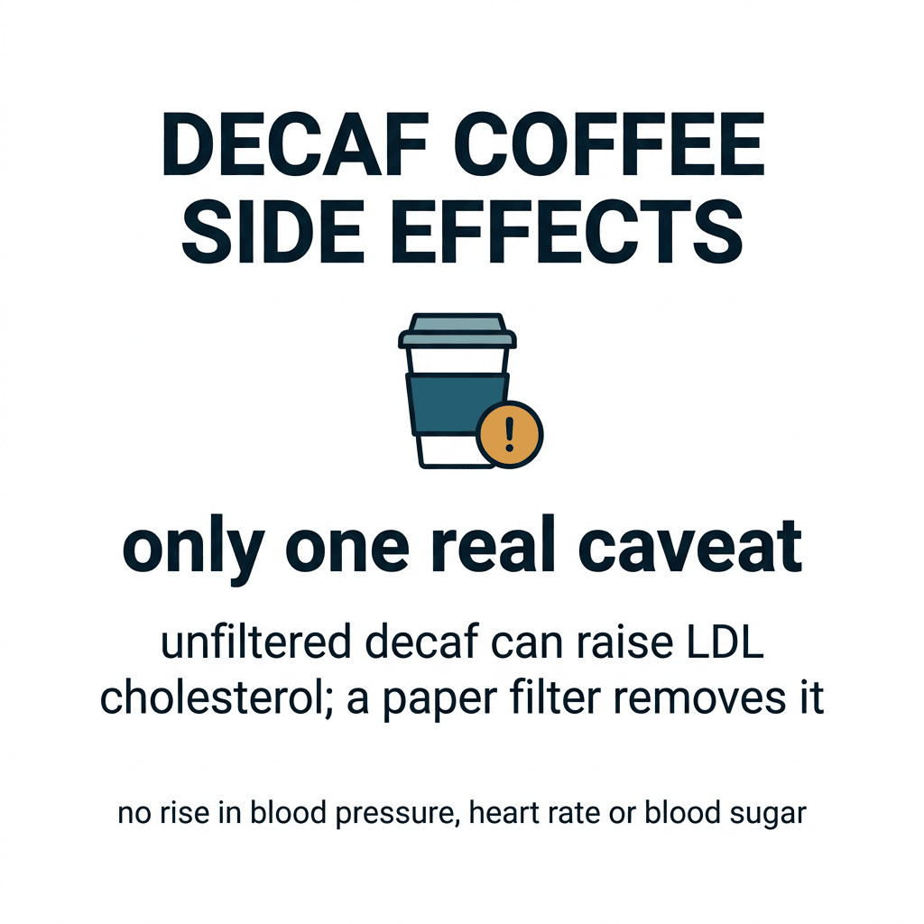 Decaf coffee side effects infographic: a decaf coffee cup with a caution icon, showing the one real caveat is that unfiltered decaf coffee can raise LDL cholesterol, removed by a paper filter, with no rise in blood pressure, heart rate or blood sugar.