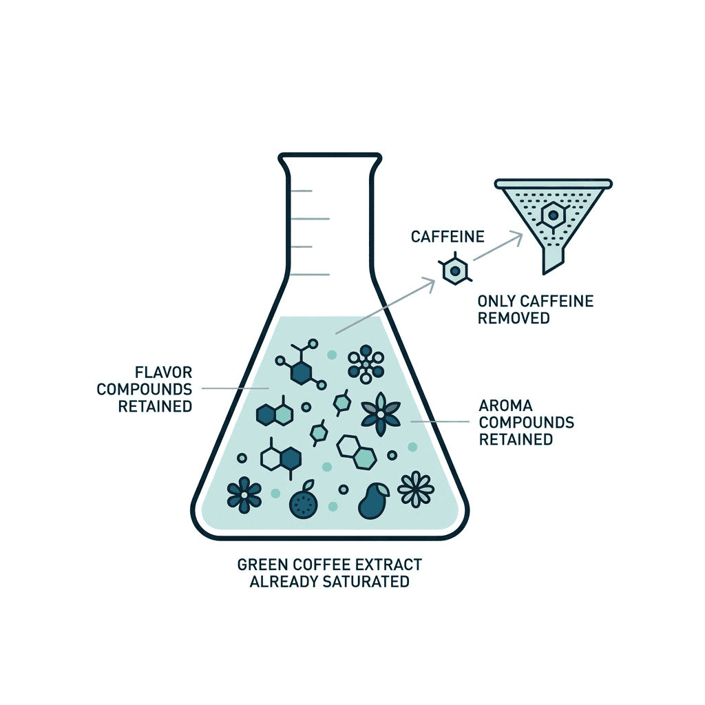 Diagram of a flask of green coffee extract holding flavor and aroma compound icons that stay in place while only a caffeine molecule icon exits through a filter, labeled flavor compounds retained, aroma compounds retained, only caffeine removed.