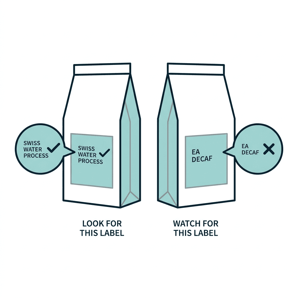 Two coffee bags side by side with callouts, the left labeled Swiss Water Process with a checkmark to look for, the right labeled EA decaf with an X mark to watch for.