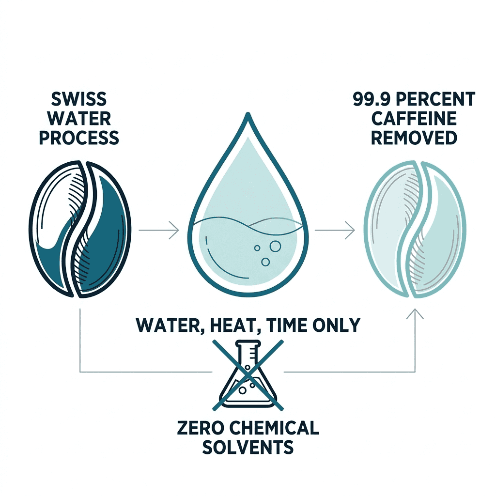 Diagram showing a green coffee bean and a caffeine-free bean connected by a water droplet icon, labeled Swiss Water Process, water heat time only, zero chemical solvents, and 99.9 percent caffeine removed.