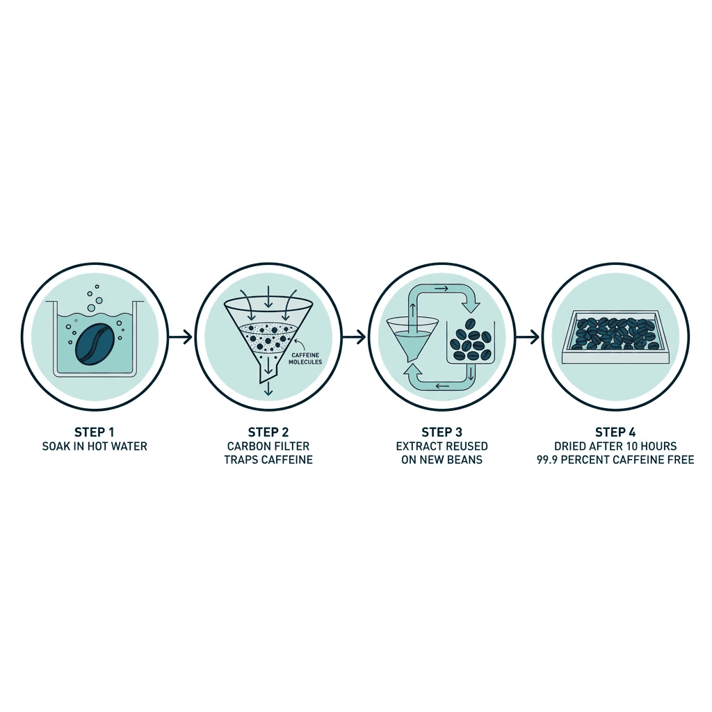 Four-step process diagram showing beans soaking in hot water, water passing through a carbon filter that traps caffeine, the caffeine-free extract being reused on new beans, and beans drying after 10 hours at 99.9 percent caffeine free.