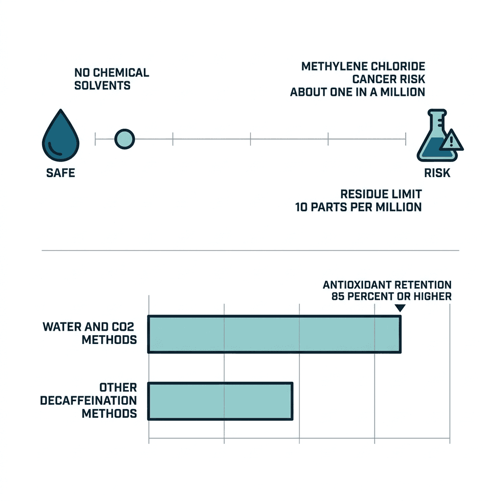 Diagram of a safety scale from a water droplet labeled safe with no chemical solvents to a flask labeled risk with methylene chloride cancer risk about one in a million, plus a bar chart comparing antioxidant retention of 85 percent or higher for water and CO2 methods against other decaffeination methods.