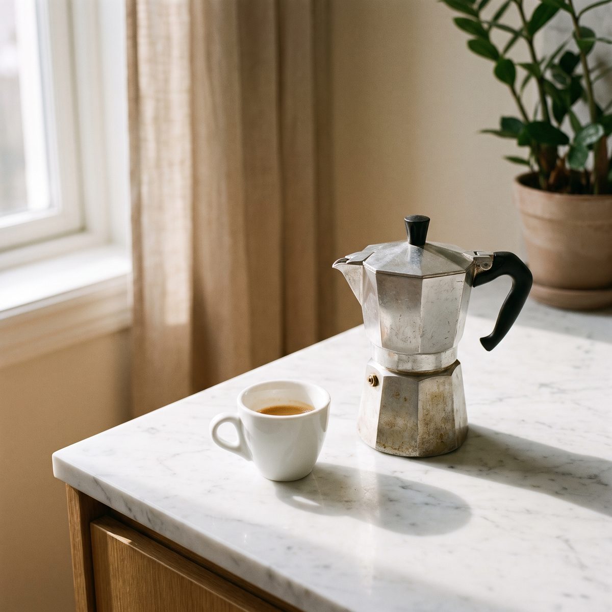 Moka pot and espresso cup on marble counter — morning decaf coffee ritual