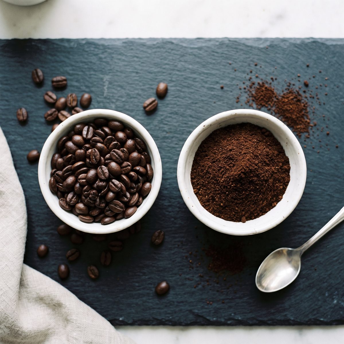 Whole bean decaf coffee and ground decaf coffee side by side in bowls